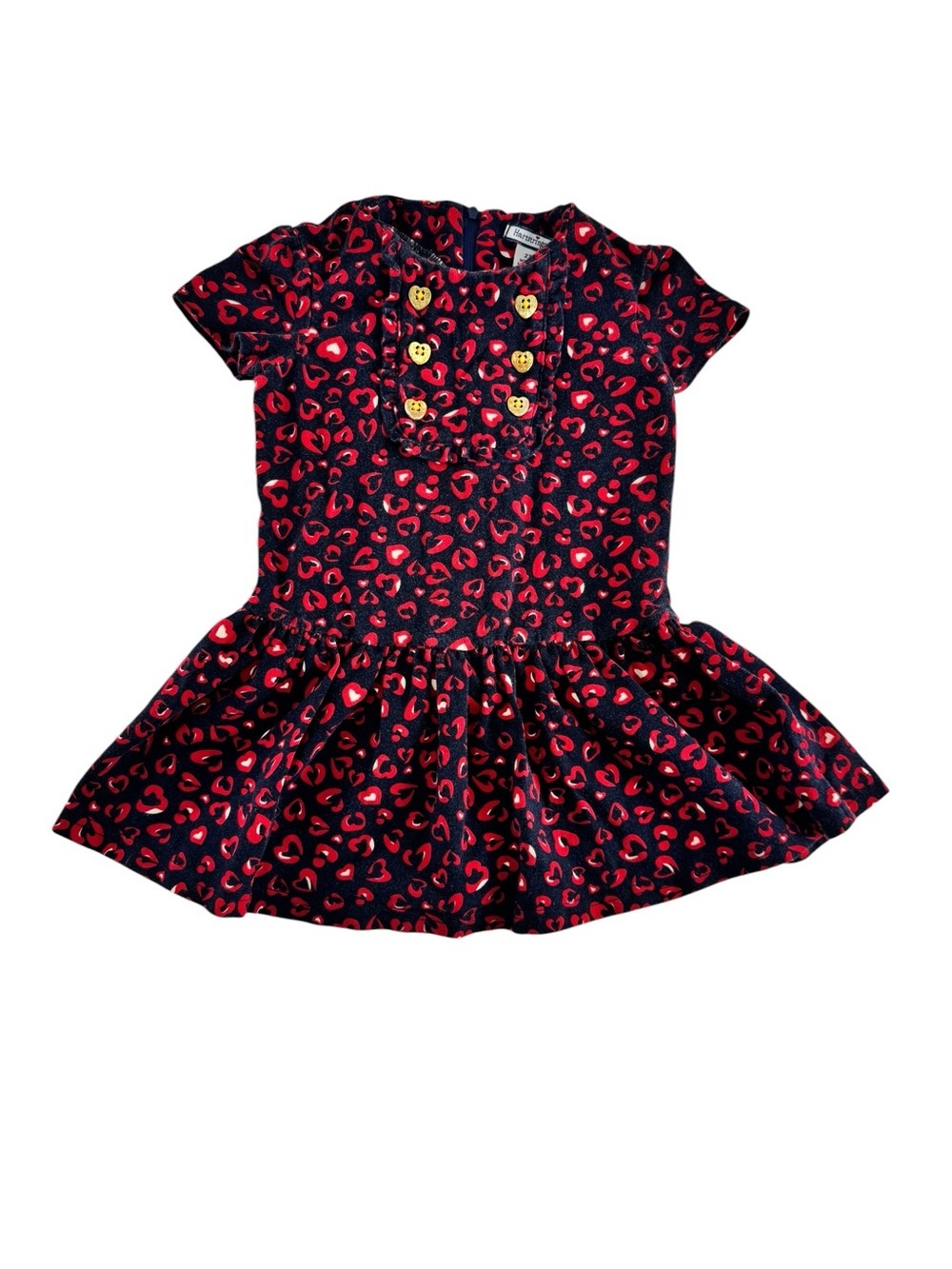Hartstrings Navy Dress with Red Heart Print button show wear